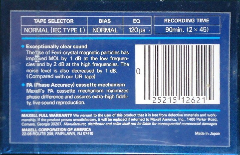Compact Cassette Maxell UDS 90 Type I Normal 1985 USA