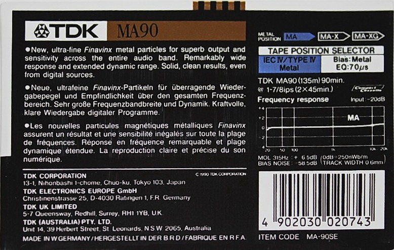 Compact Cassette TDK MA 90 "MA-90SE" Type IV Metal 1990 Europe