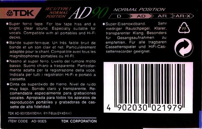 Compact Cassette TDK AD 90 "AD-90ES" Type I Normal 1990 Europe