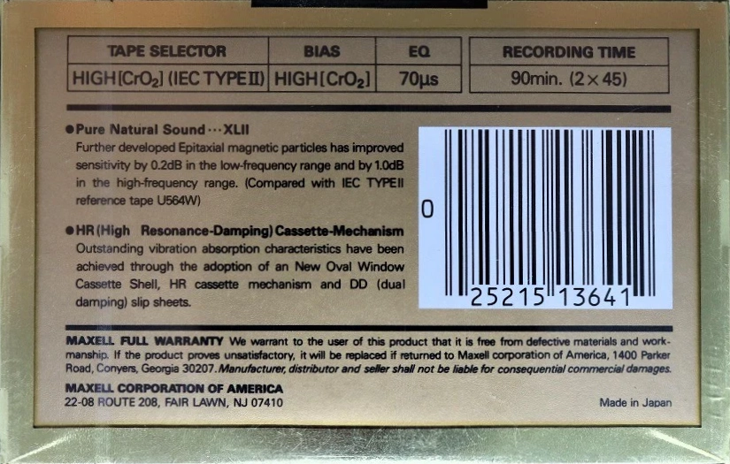 Compact Cassette Maxell XLII 90 Type II Chrome 1990 USA