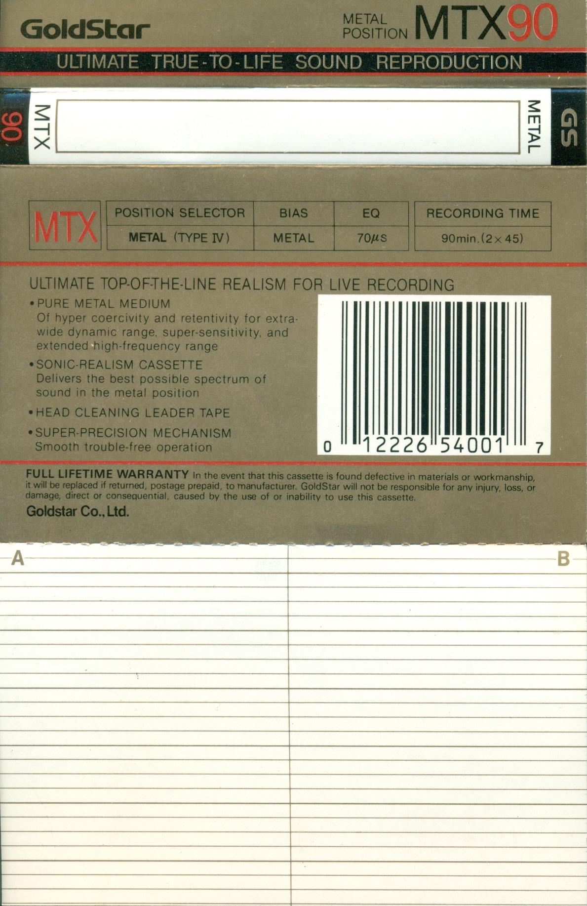 Compact Cassette Goldstar MTX 90 Type IV Metal 1987 USA