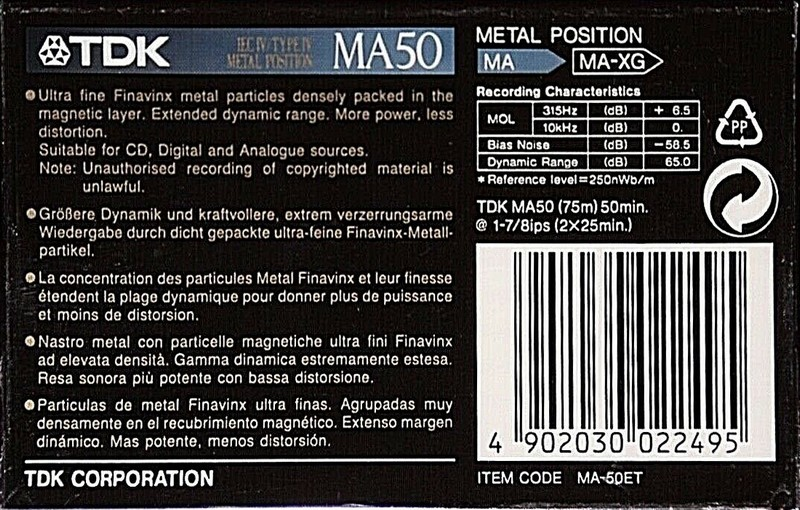Compact Cassette TDK MA 50 "MA-50ET" Type IV Metal 1992 Europe