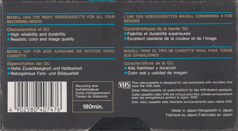 VHS, Video Home System Maxell GU 180 "E-180 GU" Type II Chrome 1988 Europe