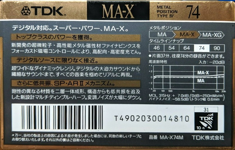 Compact Cassette TDK MA-X 74 "MA-X74M" Type IV Metal 1990 Japan