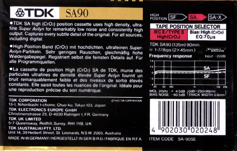 Compact Cassette TDK SA 90 "SA-90SE" Type II Chrome 1990 Australia, Europe
