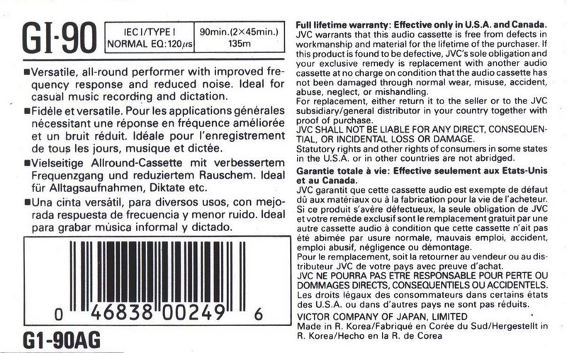 Compact Cassette JVC GI 90 "G1-90AG" Type I Normal 1990 North America