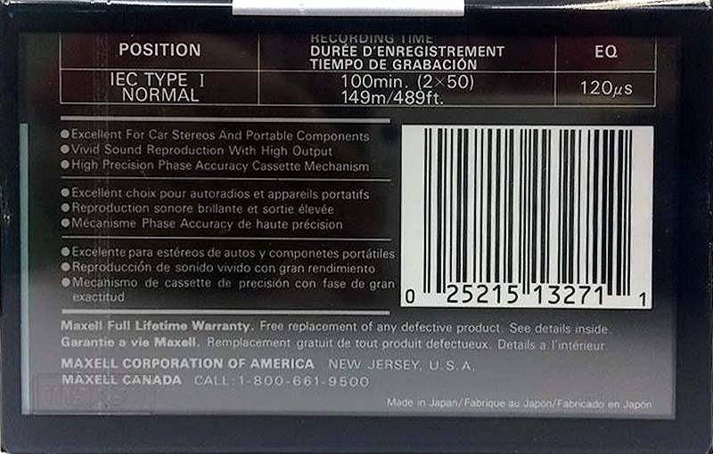 Compact Cassette Maxell XLI 100 Type I Normal 1992 North America