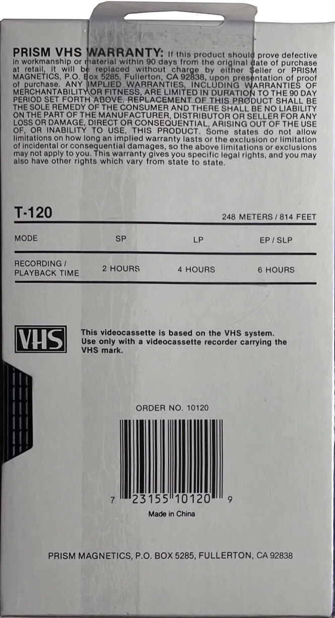 VHS, Video Home System Prism 120 Type I Normal 1991 USA