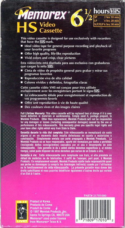 VHS, Video Home System Memorex HS 130 Type I Normal 1997 North America