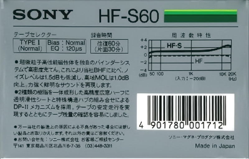 Compact Cassette Sony HF-S 60 Type I Normal 1985 Japan