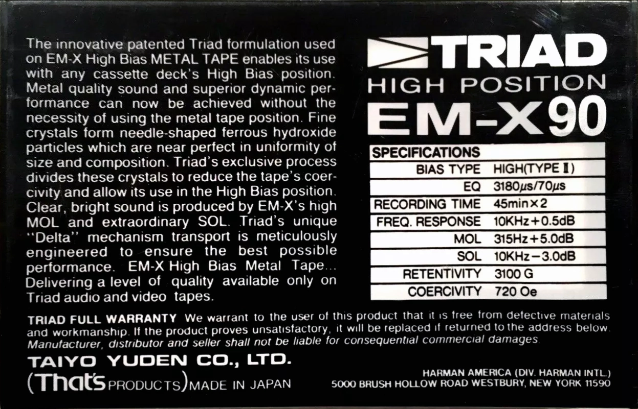 Compact Cassette Triad EM-X 90 Type II Chrome 1986 North America