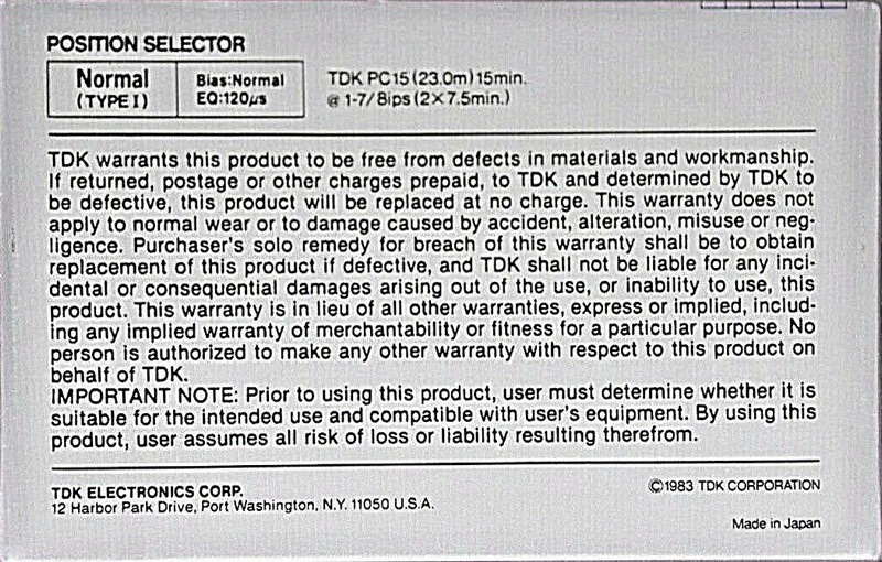 Compact Cassette TDK 15 "PC15" Computer Cassette 1983 USA