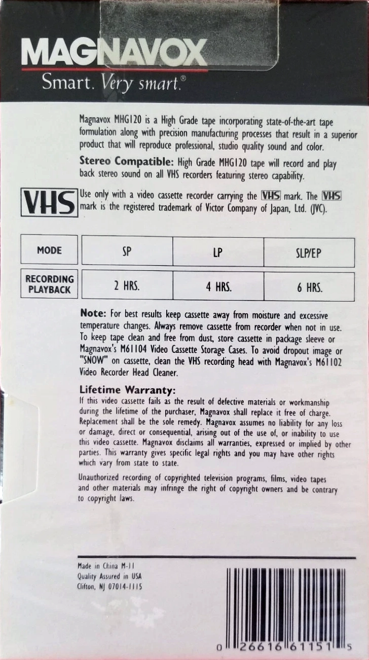 VHS, Video Home System Magnavox 120 Type I Normal USA