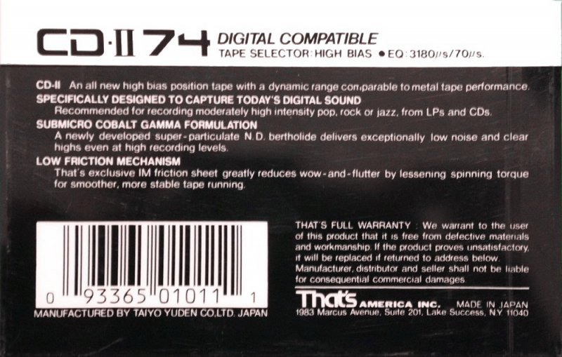 Compact Cassette Thats CD 74 "CD-II" Type II Chrome 1987 USA
