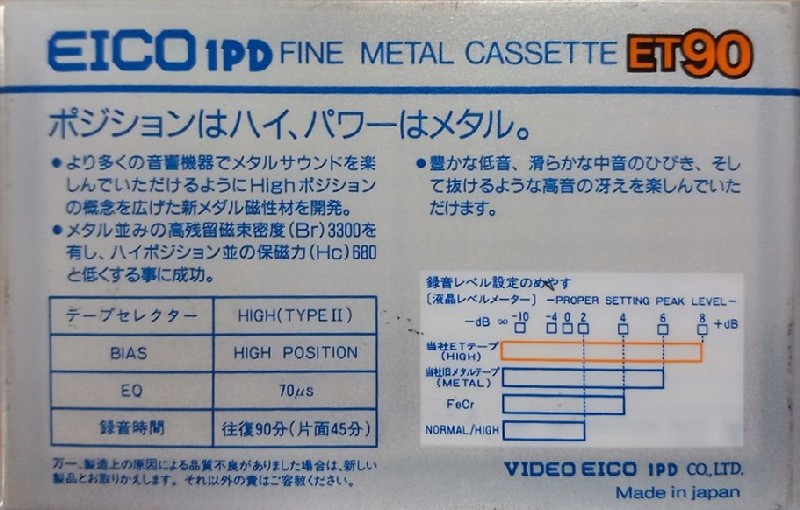 Compact Cassette Eico 1PD ET 54 Type II Chrome 1984 Japan