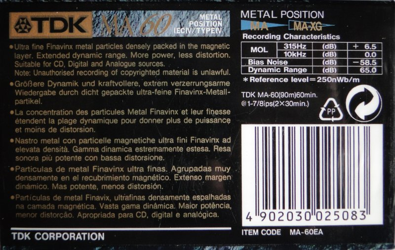 Compact Cassette TDK MA 60 "MA-60EA" Type IV Metal 1994 Europe