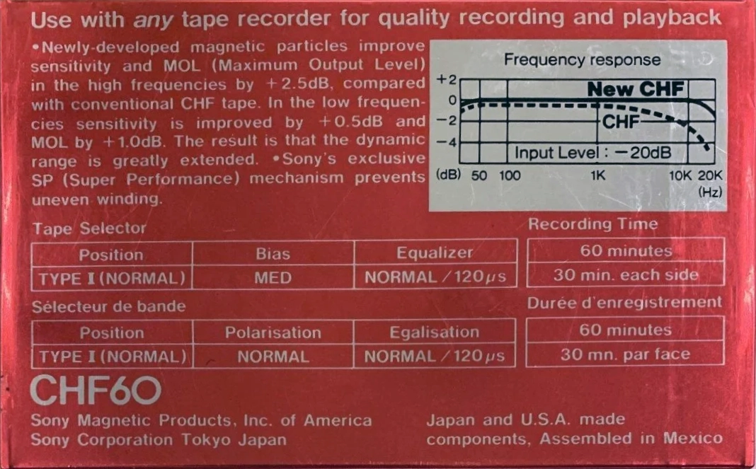 Compact Cassette Sony CHF 60 Type I Normal 1981 North America