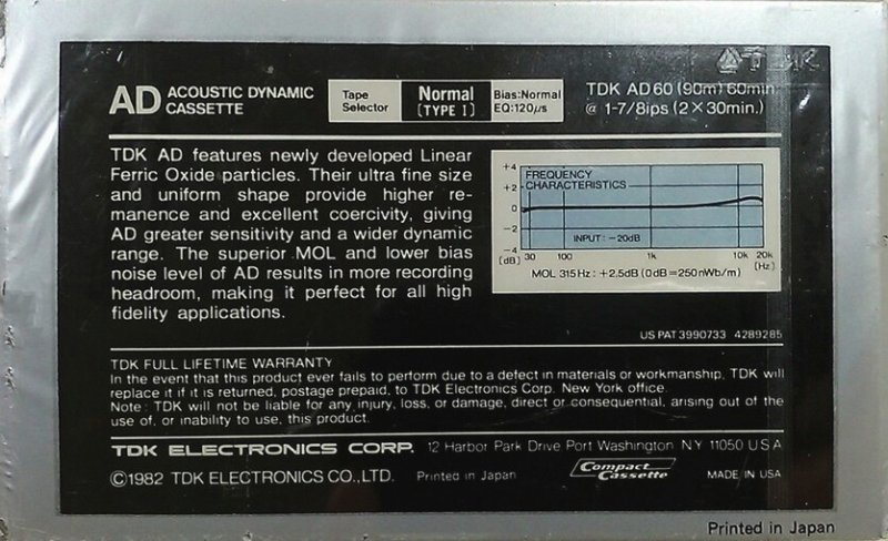 Compact Cassette TDK AD 60 Type I Normal 1982 USA