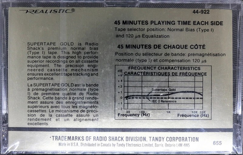 Compact Cassette SUPERTAPE Gold 90 "44-922" Type I Normal 1986 USA