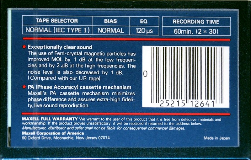 Compact Cassette Maxell UDS 60 Type I Normal 1985 USA