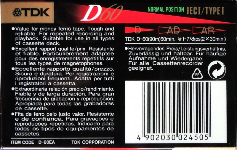 Compact Cassette TDK D 60 "D-60EA" Type I Normal 1995 Europe