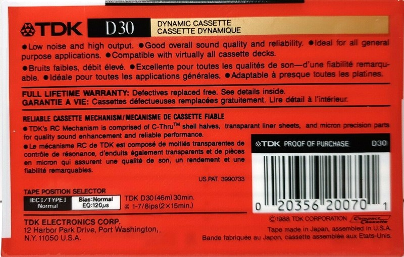 Compact Cassette TDK D 30 Type I Normal 1988 North America