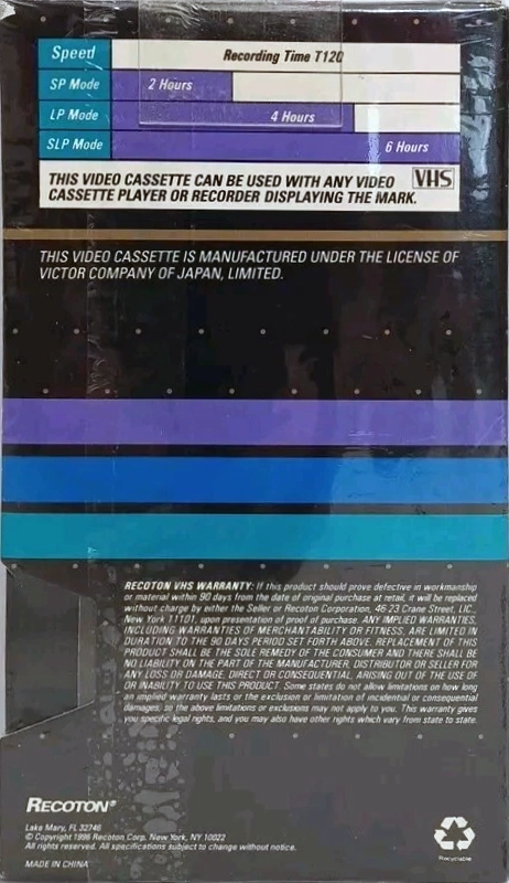 VHS, Video Home System Recoton 120 Type I Normal 1996 USA