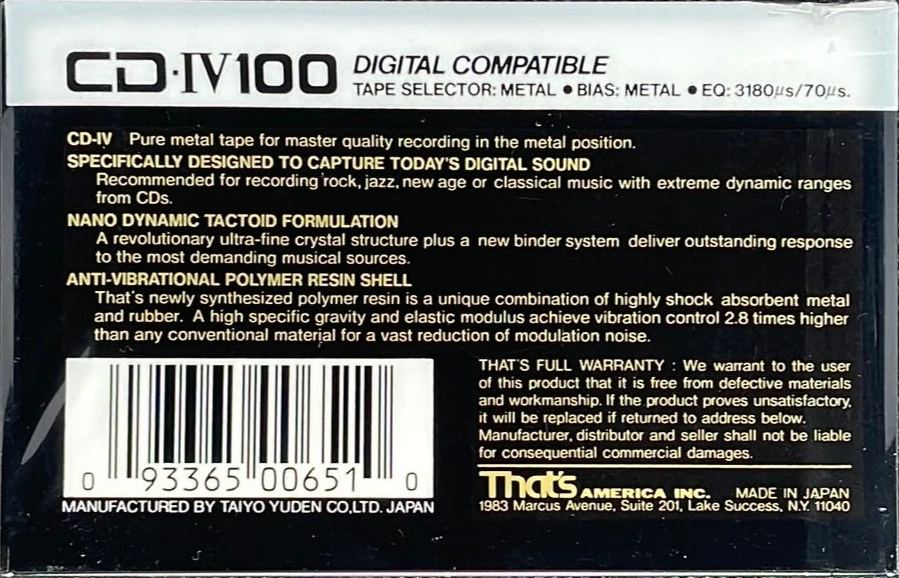 Compact Cassette Thats CD 100 "CD-IV" Type IV Metal 1987 USA