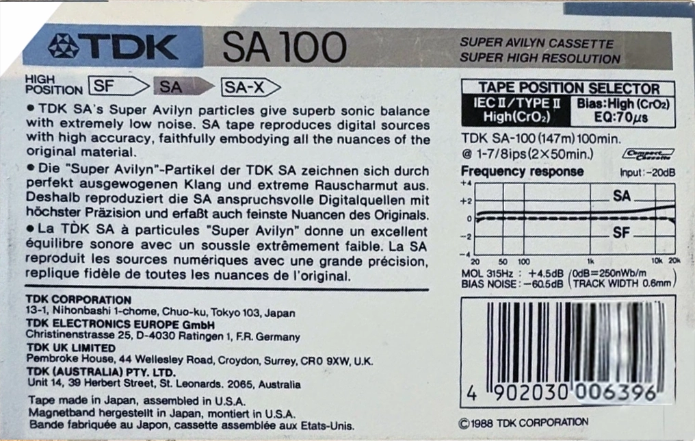 Compact Cassette TDK SA 100 Type II Chrome 1988 Australia, Europe
