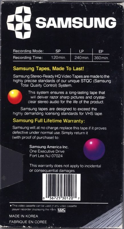 VHS, Video Home System Samsung HQ 120 Type I Normal USA