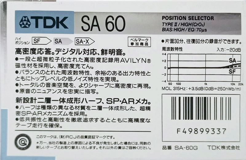 Compact Cassette TDK SA 60 "SA-60G" Type II Chrome 1988 Japan
