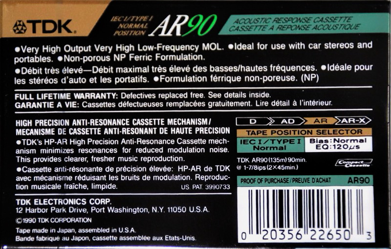 Compact Cassette TDK AR 90 "AR90" Type I Normal 1990 North America