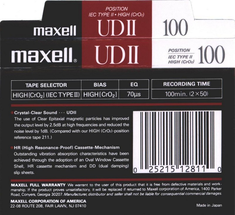 Compact Cassette Maxell UDII / UD2 100 Type II Chrome 1992 USA