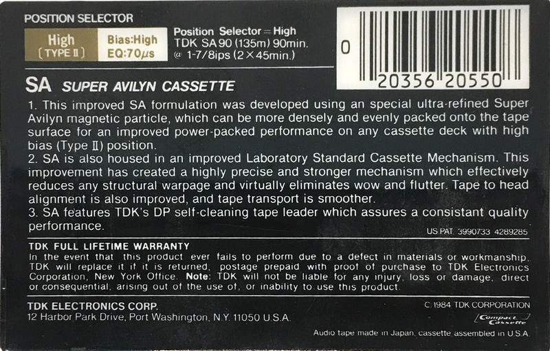 Compact Cassette TDK SA 90 Type II Chrome 1984 North America