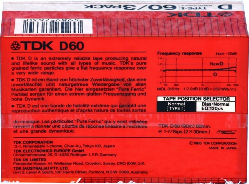 3 pack TDK D 60 Type I Normal 1985 Australia, Europe