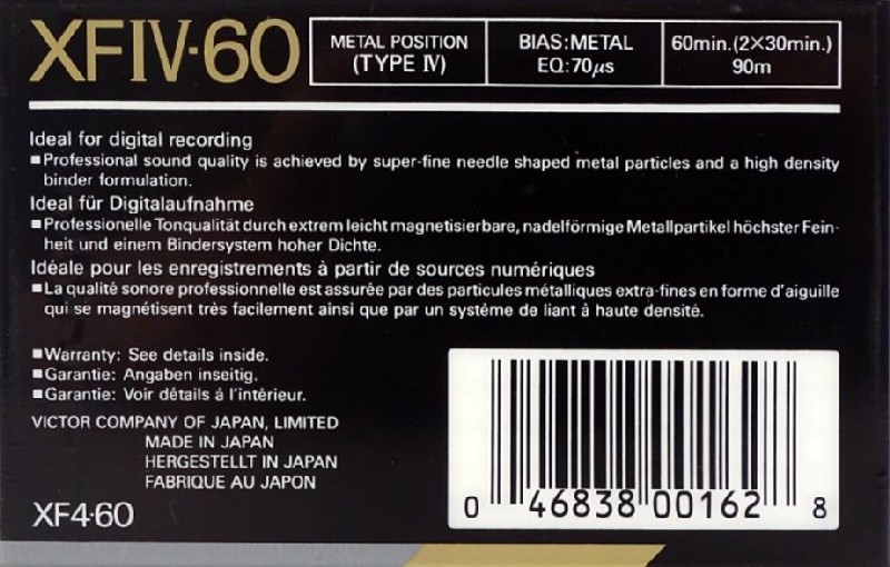 Compact Cassette JVC XFIV 60 Type IV Metal 1990 North America