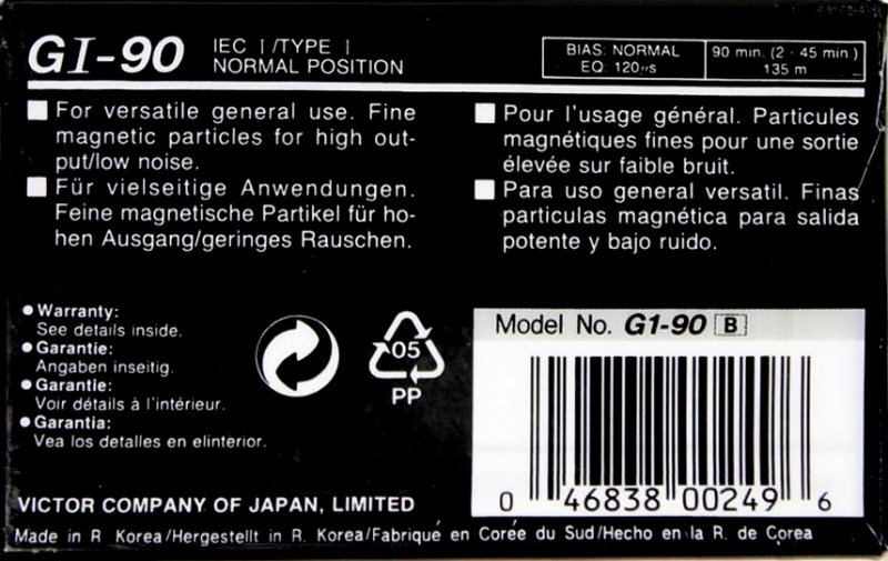 Compact Cassette JVC GI 90 "G1-90B" Type I Normal 1992 North America