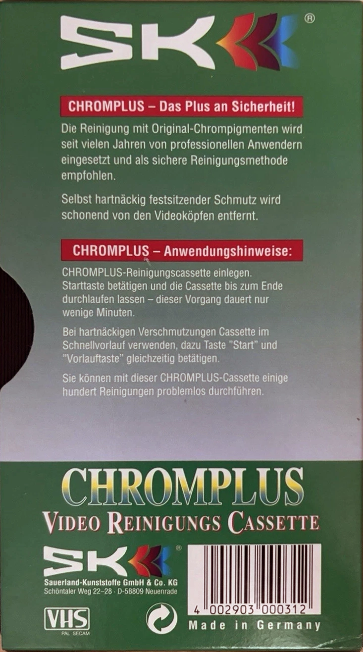 VHS, Video Home System SK "Chromplus" Cleaning Cassette 1995 Germany
