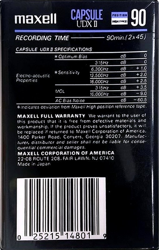 Compact Cassette Maxell Capsule II 90 "UDXII" Type II Chrome 1991 USA