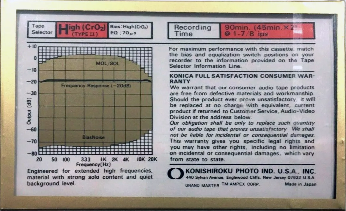 Compact Cassette Konica GM-II 90 "Grand Master II" Type II Chrome 1985 USA