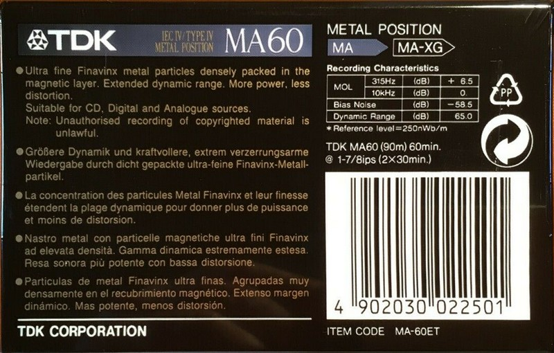 Compact Cassette TDK MA 60 "MA-60ET" Type IV Metal 1992 Europe
