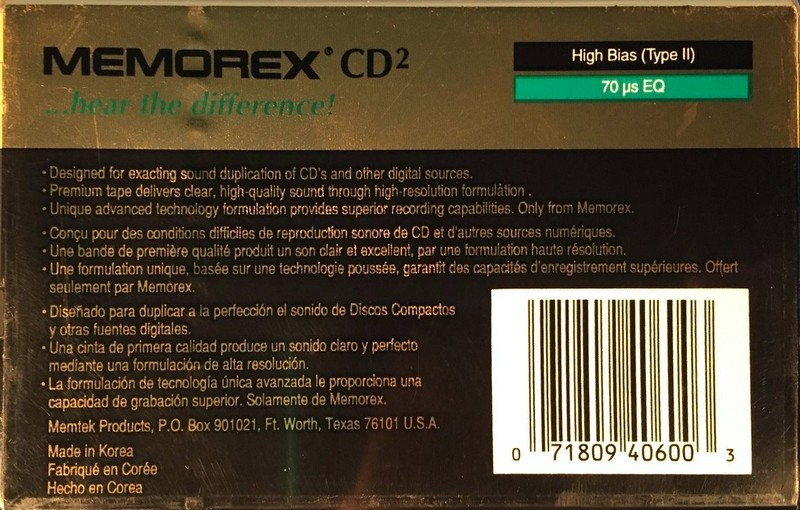 Compact Cassette Memorex CD 2 60 Type II Chrome 1995 Canada, USA