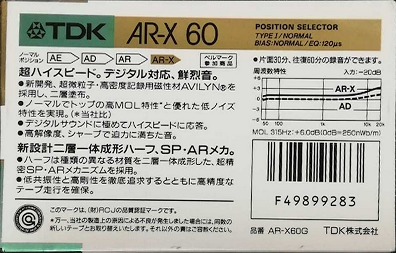 Compact Cassette TDK AR-X 60 "AR-X60G" Type I Normal 1987 Japan