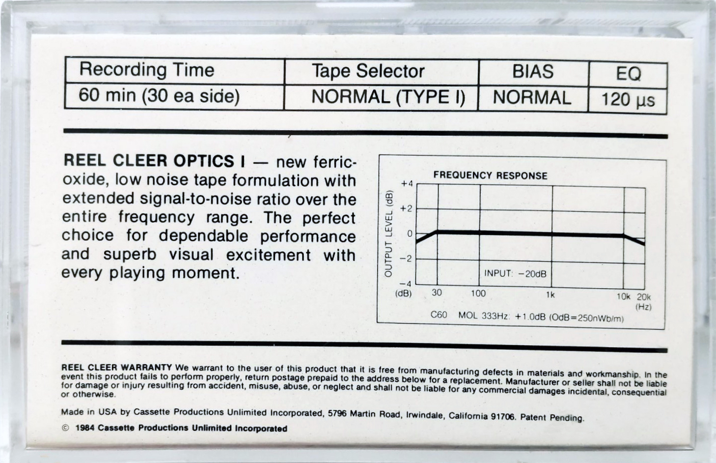 Compact Cassette Reel Cleer Optics I 60 Type I Normal 1984 USA