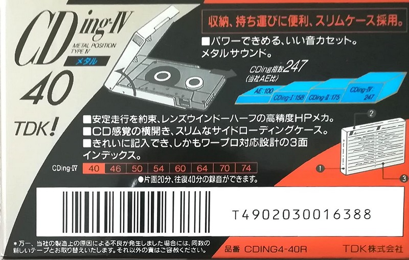 Compact Cassette TDK CDing Metal 40 "CDING4-40R" Type IV Metal 1992 Japan