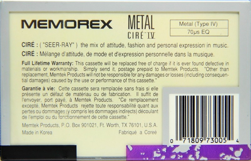 Compact Cassette Memorex Cire IV 90 Type IV Metal 1991 Canada, USA