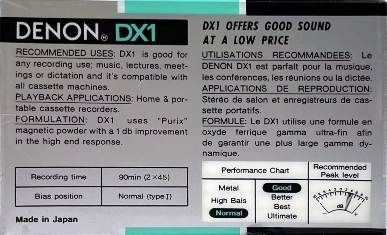 Compact Cassette Denon DX1 90 Type I Normal 1992 North America