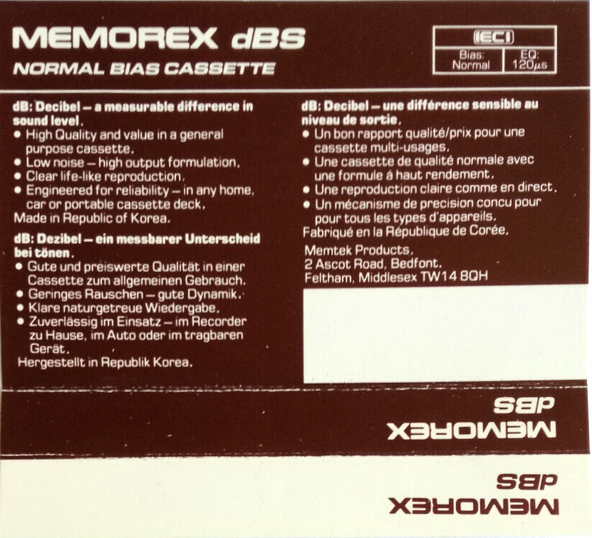 Compact Cassette Memorex dBS 60 Type I Normal 1987 Europe