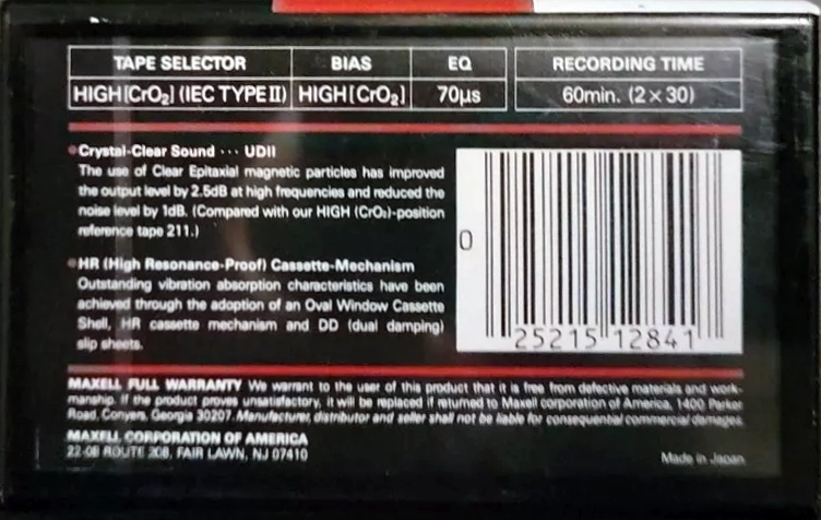 Compact Cassette Maxell UDII / UD2 60 Type II Chrome 1989 USA