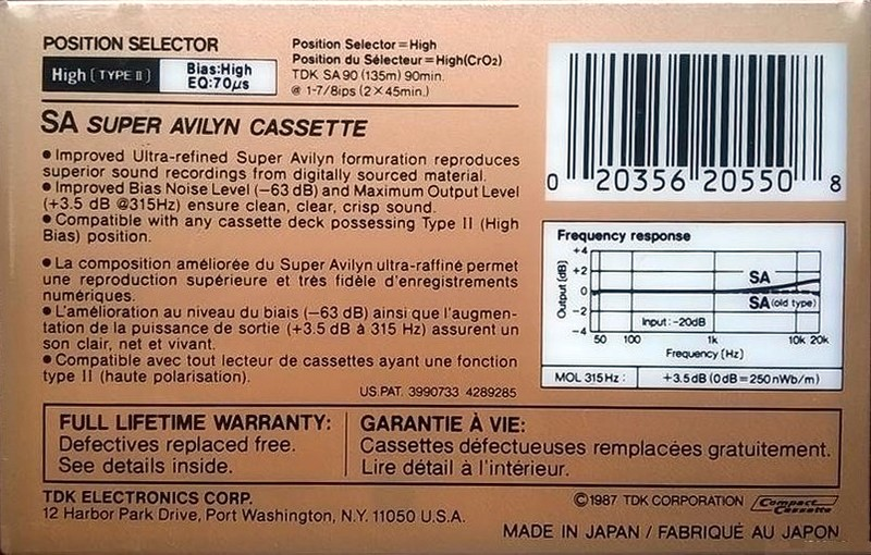 Compact Cassette TDK SA 90 Type II Chrome 1987 North America